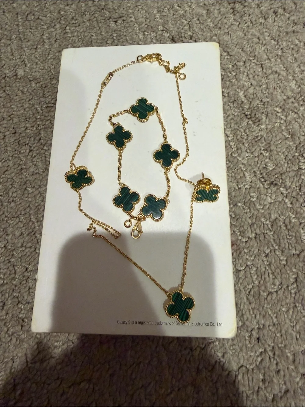 Gold-Tone Green Clover Pendant Necklace and Bracelet Set